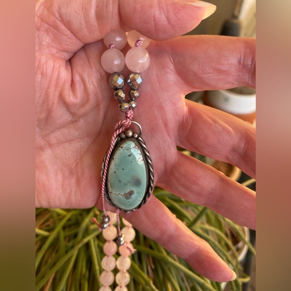 Rose Quartz, Pyrite and Turquoise Mala Necklace - Picture 5 of 9